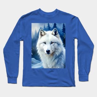 Funny White Wolf Hunting Ground, Winter Mountain Icy Moon, Forest, Galaxy Beautiful gifts Novelty Wild Animal Hunting Fashion Watercolor Long Sleeve T-Shirt